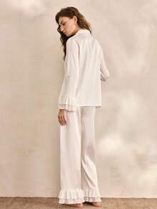 Charlaine Áo cánh satin cổ khoét và quần viền nhún Bộ đồ ngủ/Bộ đồ ngủ Bộ đồ trắng, Trang phục thu đông ấm áp và thanh lịch - trắng - Xem 3