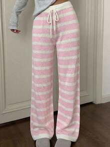 SHEIN EZwear Quần dệt kim dáng rộng kẻ sọc, cạp chun, dành cho nữ, kiểu dáng thường ngày. - Nhiều màu - Xem 9