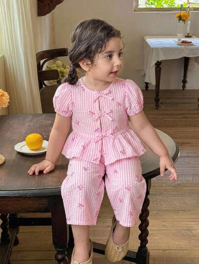 LMoss Kids 2pcs Baby Girl Woven Striped Petal Sleeve Casual Shirt And Loose Fit Pants Set