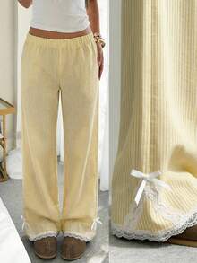 CovetEZ Yellow Striped Lace Trim Wide Leg Pants For Women - Yellow - View 3