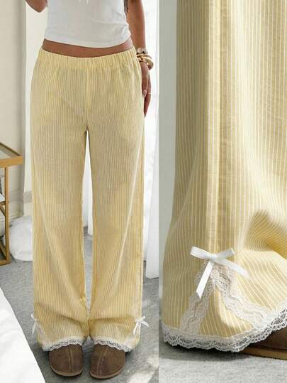 CovetEZ Yellow Striped Lace Trim Wide Leg Pants For Women