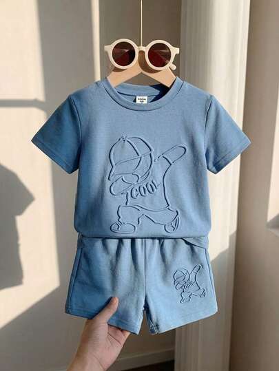 2pcs/Set Young Boy Cute Cartoon Bear Embossed Knit Fabric Hooded Short Sleeve Top And Elastic Waist Shorts Set, Casual Versatile, Suitable For Boys In Spring/Summer Outdoor Activities