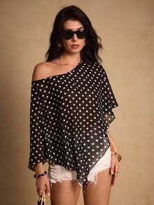 Swim Chiccia 夏季薄纱单肩波点上衣，时尚宽松女式衬衫 - 黑與白 - 查看 5