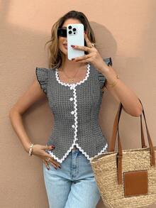 SHEIN Frenchy 女士优雅格子缎带饰边衬衫，夏季 - 黑與白 - 查看 4