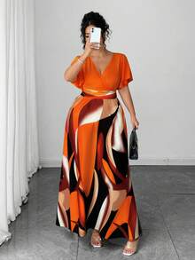 o redondo, estampado geométrico irregular, colorido, elegante, de alta gama, de estilo casual, de viaje, de vacaciones en la playa, bohemio, para mujer de talla grande, para primavera/verano - Naranja - Ver 6