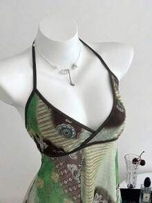 Elamini Áo kiểu nữ màu xanh lá cây phong cách Bohemian, vạt áo bất đối xứng, cổ yếm, thích hợp cho kỳ nghỉ, đi biển, du lịch, thư giãn và lễ hội. - Nhiều màu - Xem 4