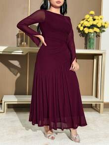Feyla Plus Size Women Solid Color Round Neck Ruffle Mesh Long Sleeve Elegant Dress - Purple - View 7