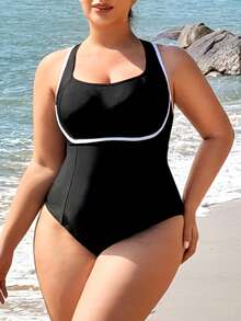 Swim SPRTY Plus Size Women One-Piece Swimsuit, Solid Color White Splice, Suitable For Beach, Pool, Swimming, Surfing, Sports - Black and White - View 7