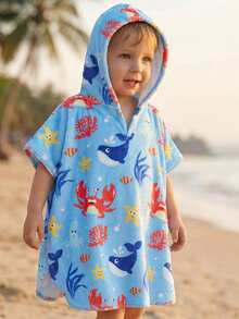 SHEIN Young Boy's Summer Hooded Cover Up With Ocean Creature Prints, Suitable For Beach, Resort, Pool, Matching Sibling Outfit - Blue - View 1