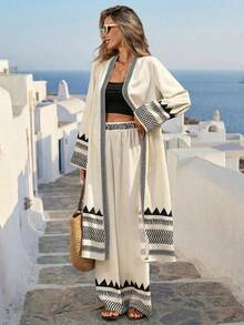 SHEIN PETITE Women's Beige Boho Geometric Print Summer Holiday Vacation Outfit Sets,Bohemian Cover-Up And Pants 2 Pieces Set,Santorini Beach Outfits For Woman - Beige - View 4