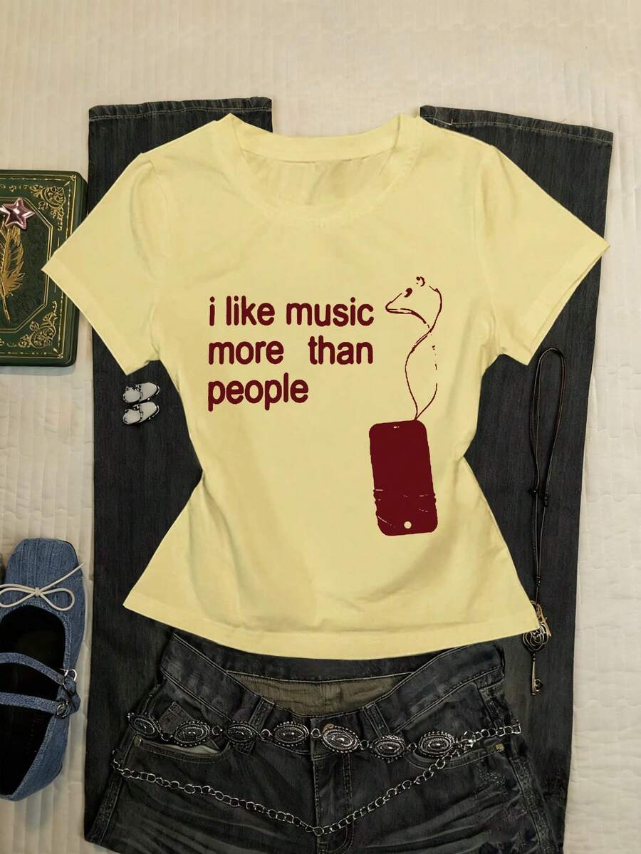 Glimmora Áo thun nữ cổ tròn in chữ, kiểu dáng thường ngày, đa năng. - Nhiều màu - Xem 1