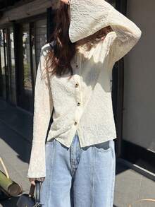 FRIFUL Women's Round Neck Lace Fabric Fitted Flare Sleeve Solid Color Casual T-Shirt - Apricot - View 5