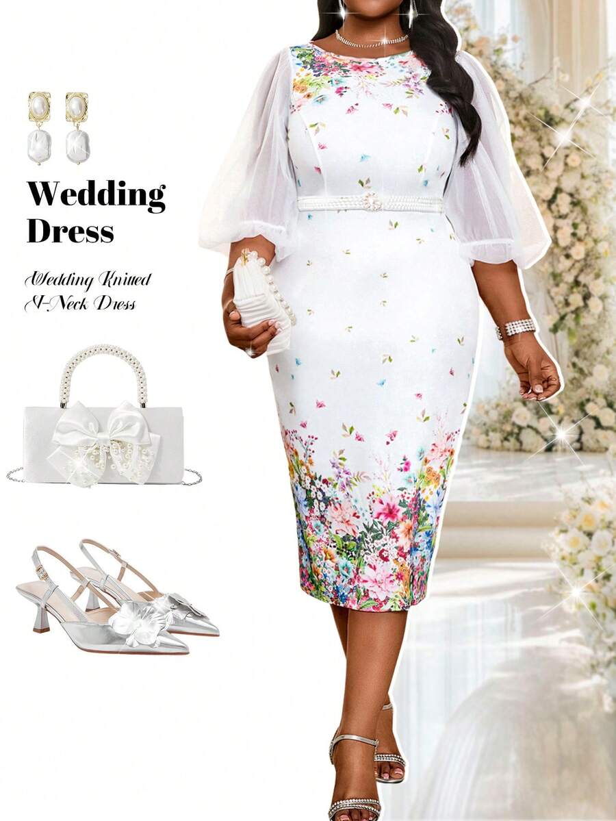 SHEIN Lady Đầm dạ hội mùa xuân hè thanh lịch, thích hợp cho tiệc tùng, đám cưới, cocktail, công sở, nhiều màu sắc, chất liệu dệt kim, thêu, cổ chữ V, tay dài, dáng bút chì, phối màu tương phản, chất liệu lưới, tay lửng, cỡ lớn, in hoa màu hồng, trang phục đi nghỉ mát cho nữ, trang phục thanh lịch, đầm cỡ lớn thanh lịch cho nữ, trang phục đi du lịch, đầm dạ hội cho nữ.