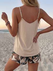 Sylviya 2 件套女士休闲宽松吊带背心和短裤套装，适合夏季，复古花卉印花、树枝印花、树叶印花休闲两件套女士夏季服装套装适合外出 - 彩色 - 查看 2