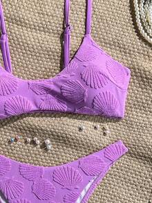 Bonvoyette Bộ 2 món đồ bơi nữ thời trang thường ngày, họa tiết vỏ sò màu tím, áo bơi có dây đeo điều chỉnh được và quần bơi cạp cao, thích hợp cho mùa xuân/hè. - Màu tím - Xem 10