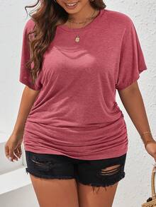 SHEIN Frenchy Camiseta holgada de manga de murciélago con pliegues de unicolor talla grande - Rosado Sandía - Ver 3