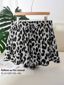 CosyJoli Plus Size Leopard Print A-Line Ruffle Hem Shorts, Casual Vacation - Multicolor - View 1