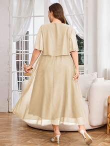 Modelyn Plus Size Women Solid Color Round Neck Fashionable Date Party Dress - Apricot - View 2