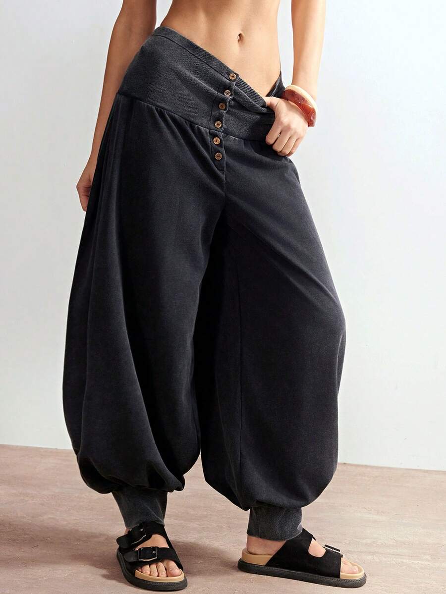 Bohemela Women's Casual Solid Color Knit Loose Relaxed Fit Drawstring Ankle Pants Oversize Pants For Women - Black - View 1