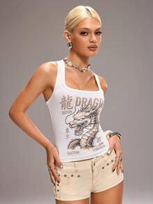 Y2Kool BiGraphic Áo tank top và áo camisole nữ, kiểu dáng ôm sát, họa tiết bắt mắt, thích hợp cho kỳ nghỉ, tiệc tùng, phong cách Y2K, xuân hè. - trắng - Xem 5
