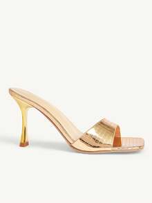 CUCCOO CHICEST Giày sandal cao gót nữ, sandal hở mũi vuông kiểu Pháp thanh lịch, sandal đính gương kẻ caro vàng, sandal gót nhọn kiểu mule, giày dự tiệc tối cho nữ. - Vàng - Xem 3