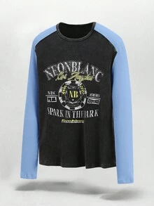 NEON BLANC Men's Casual Colorblock Letter Print T-Shirt, Spring/Autumn - BLUE AND BLACK - View 1