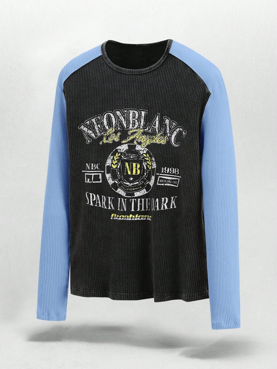 NEON BLANC Men's Casual Colorblock Letter Print T-Shirt, Spring/Autumn - BLUE AND BLACK - View 1