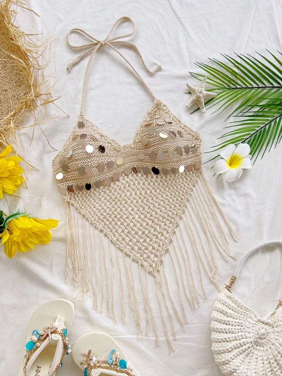 Soleia Áo hai dây dệt kim cổ buộc dây, phối sequin, tua rua, viền tua rua, gợi cảm dành cho nữ, thích hợp cho kỳ nghỉ biển. - Màu be - Xem 1