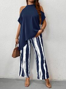 Breezaya 大码蓝色休闲宽松露肩两件套，适合夏季 - 藏蓝色 - 查看 5