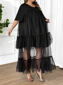 SHEIN CURVE+ 大码女式纯色雪纺叠层T恤长裙，假日风、波西米亚风、嬉皮风、夏季 - 黑色 - 查看 5