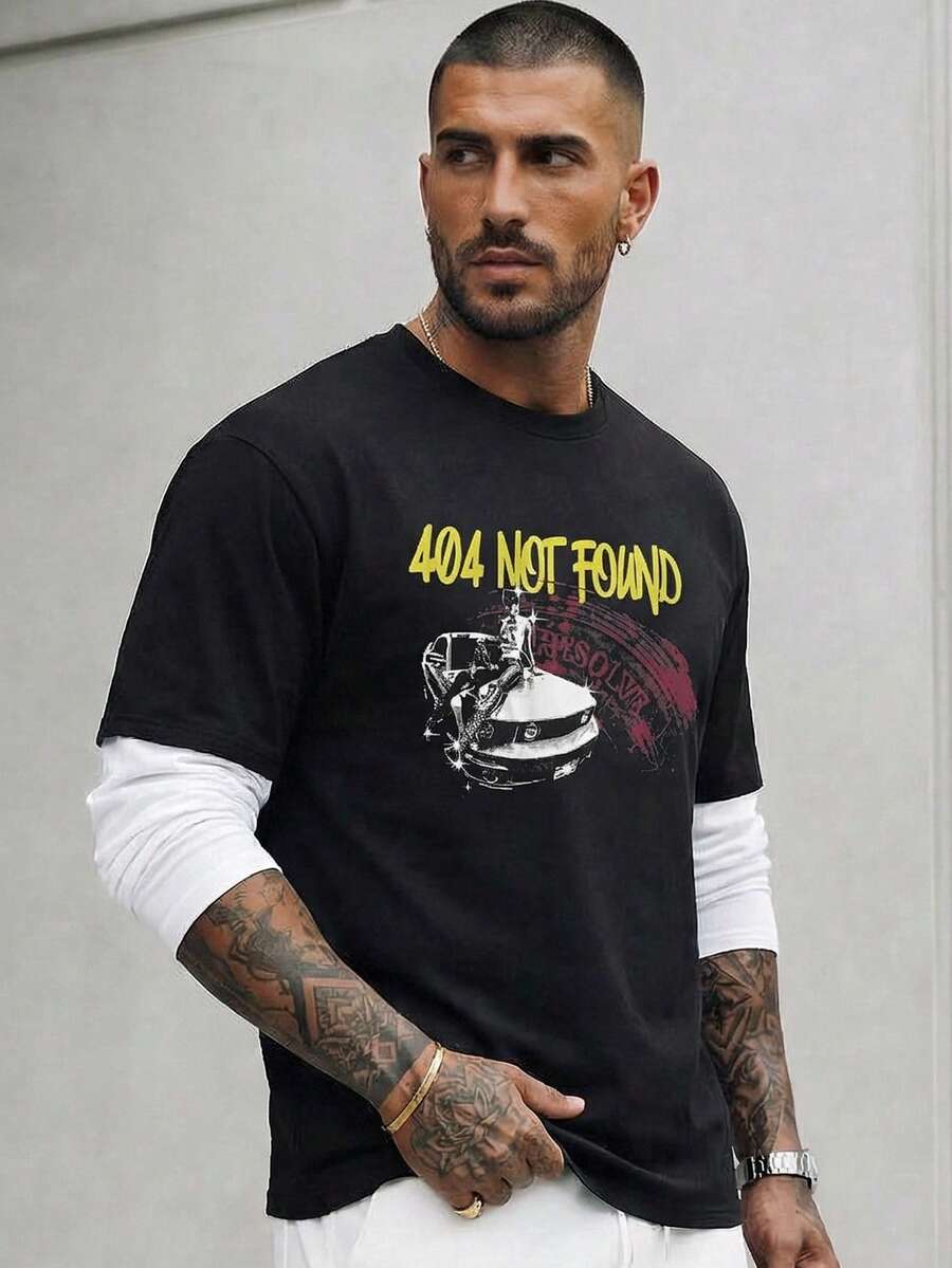 Manfinity VCAY Polyester Regular Sleeve Round Neck Tee For Men With Car Graphic And Preppy Style
