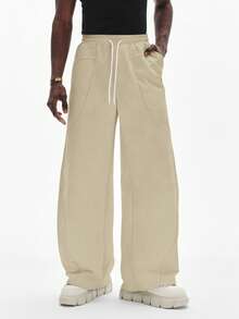 STYNVO Pantalones de chándal casuales de hombre de pierna ancha con cordón y unicolor - Caqui - Ver 3