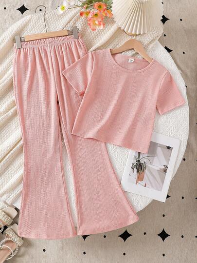 Young Girls 2-Piece Set: Pink Crew Neck Short Sleeve T-Shirt And Elastic Waist Flared Leg Casual Pants, Suitable For Daily Casual Wear And Outings, Fashionable And Versatile, Spring/Summer