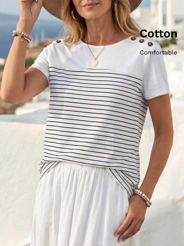 Summer Women's Round Neck T-Shirt With Decorative Buttons, Color Block & Striped Patchwork, Casual & Holiday Style,Graphics Woman T Shirts Fall Clothes Emery Rose Funny T Shirt,