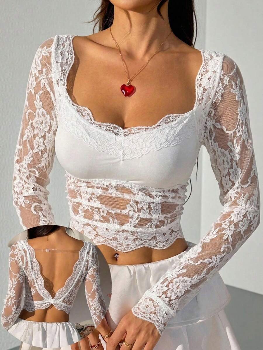 SHEIN EZwear 女士白色蕾丝圆领紧身上衣 - 白色 - 查看 1