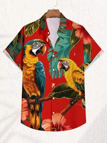 VIVINTIMO Camisa casual de uso diario versátil de solapa única con estampado floral y de loro para hombres - Rojo - Ver 6