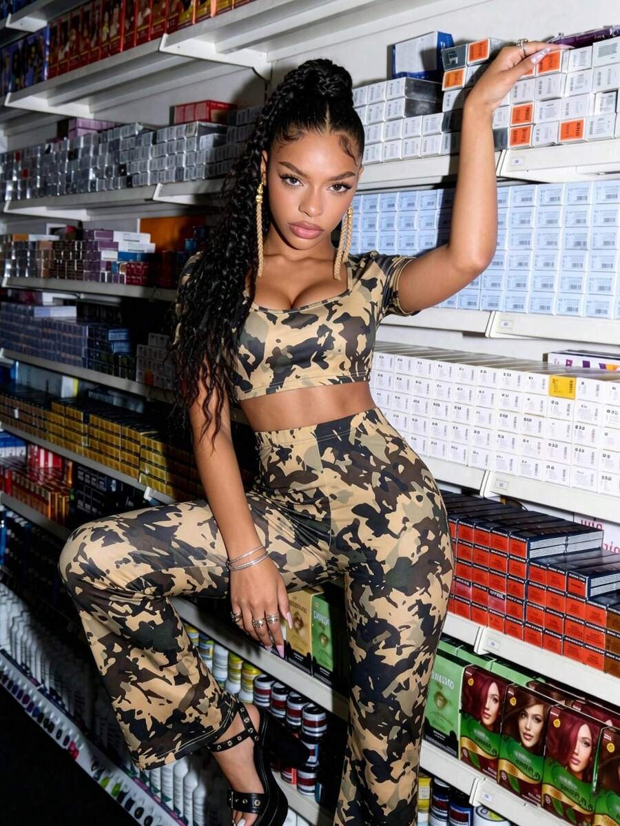 Slouenne Slouenne Bộ đồ hai mảnh gợi cảm họa tiết rằn ri dành cho nữ, gồm áo croptop và quần ống loe. - xanh quân đội - Xem 1