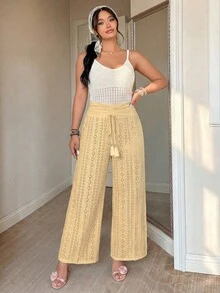 SHEIN Clasi 加大码提花面料抽绳腰侧开衩度假裤 - 杏色 - 查看 4