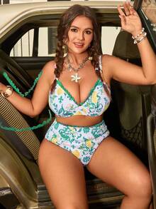 Swim Mod Conjunto de traje de baño de talla grande para mujer con estampado de frutas y escote en V con tirantes finos, dulce para vacaciones de primavera/verano en la playa - Multicolor - Ver 4