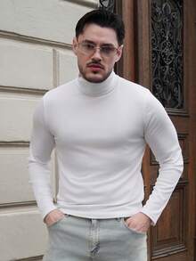 LEOGASHI LEOGASHI Camiseta casual de cuello alto y unicolor para hombres, se puede usar como capa base, para otoño, top de manga larga - Blanco - Ver 4