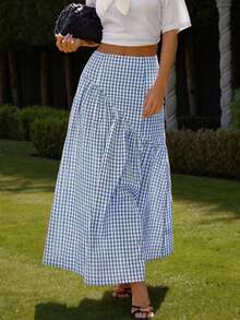 COSMINA Rutig kjol med volangkant för kvinnor - Blå - Visa 6