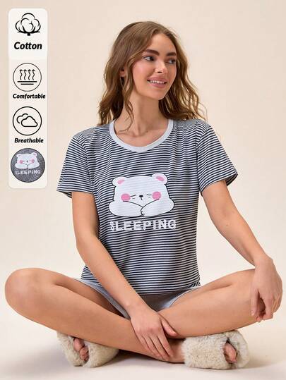 Loomlin Women Cotton 2 Pcs Contrast Colour Binding With Cartoon Sleeping Bear Pattern Striped Short Sleeved Shirt&Solid Colour Shorts Homewear Comfort Pajama Set