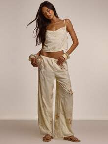 MUSERA Beaded Embellished Wide Leg Flowy Trousers Coord Bottoms Only Spring Summer Going Out Night Out Occasion Holiday Sexy Cute Embellished - Cream - View 2
