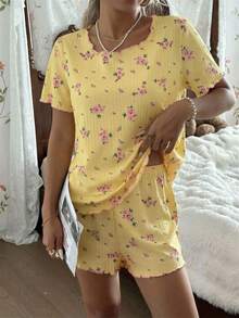 CottageSlumber Floral Rib Knit Loose Fit Short Sleeve & Shorts Pajama Set For Women - Ginger - View 7