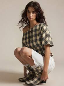 Easelle 2026 Damen Karomuster Fledermausärmel Lässiges Loose Top, asymmetrische Schulter Karobluse, Retro Kurzarm Tops in mehreren Farben - Verschiedenfarbig - Übersicht 4