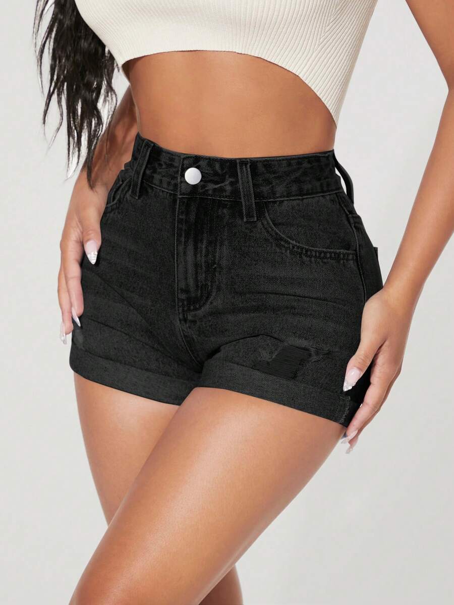 SHEIN PETITE Summer Casual Washed Distressed Slim Fit Denim Shorts Everyday Black ,Petite Women - Black - View 1