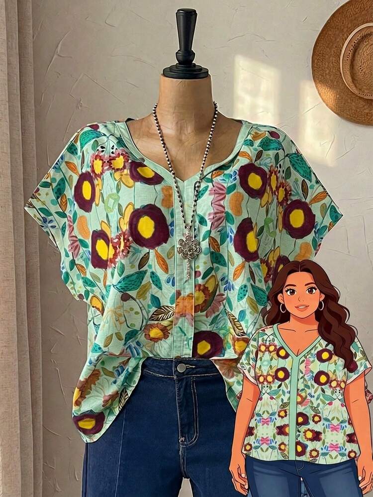 Plus Size Random Print Short Sleeve Casual Shirt Women's Floral Tops Women's Summer Tops Women's Blouses Summer Dress Summer Outfits For Women Spring Clothing Spring Outfit Beach Outfits For Women Vacation Outfits Women Summer Holiday Outfits Country Style For Women