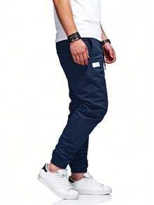 Manfinity Homme Pantalones con bolsillo parche, cintura con cordón y bolsillo en diagonal para hombres - Azul Marino - Ver 6