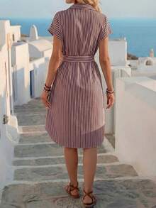 Faunlyn 女士条纹短袖单排扣休闲衬衫中长连衣裙 - 粉色 - 查看 2