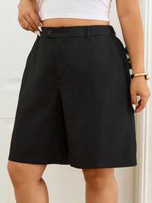 Lounesse Quần short Bermuda đen cỡ lớn dành cho nữ, quần short đi làm đa năng thoải mái, quần short đen ống rộng cho nữ, quần short đen nữ. - màu đen - Xem 3